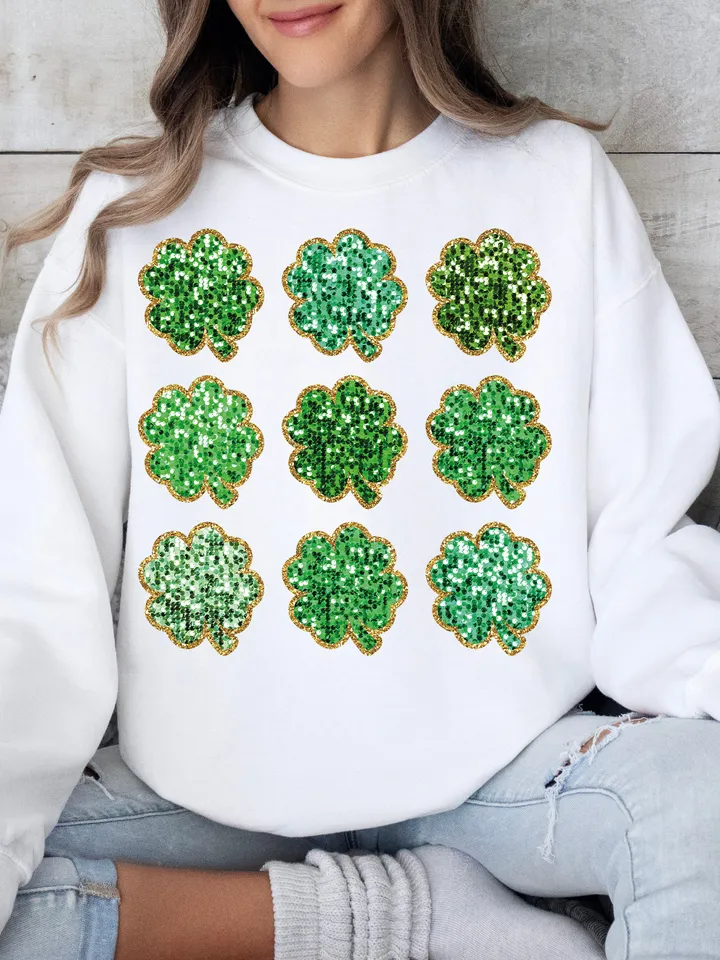 Faux Sequin Clovers PNG St. Patrick's Day PNG St Patty's Shirt Design Faux Glitter Png Green Lucky Clover Sublimation, Trendy St Patrick's
