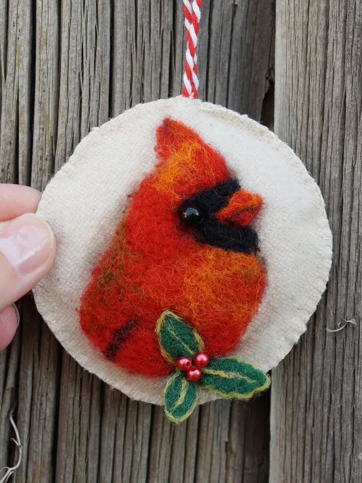 Cardinal Christmas ornament, bird portrait, needle felted cardinal, ready to ship from the USA