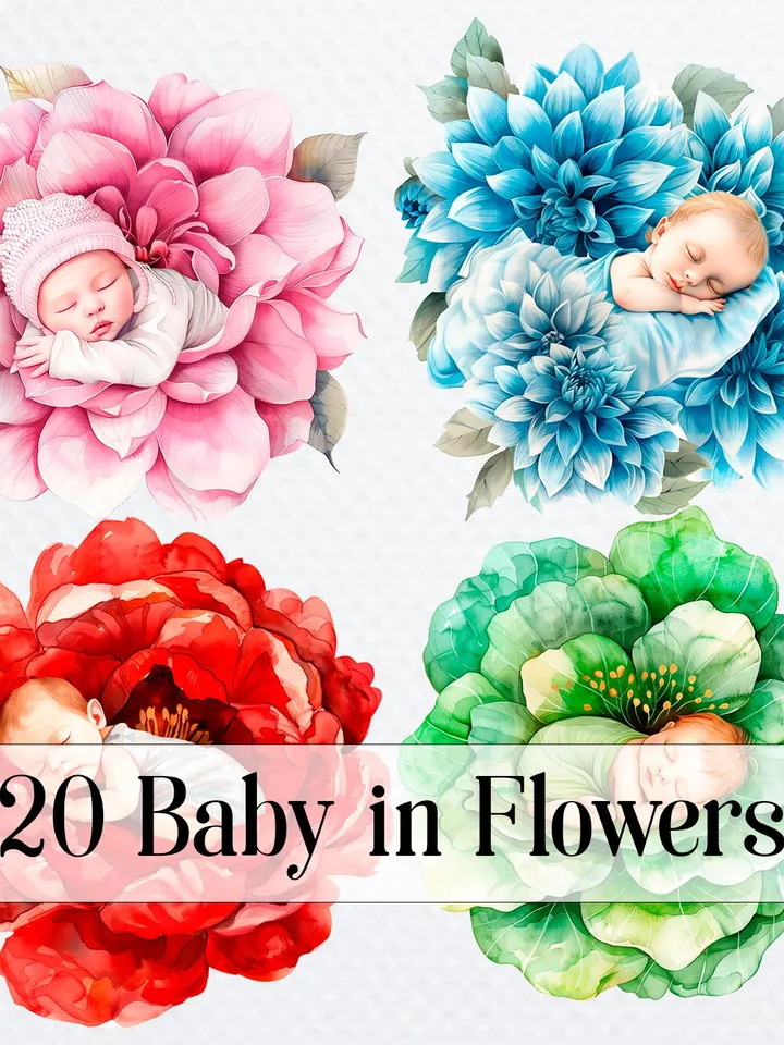 12 Baby in Flowers PNG Bundle, Baby Shower Printable Watercolor clipart for sublimation, High Quality PNG, Digital Paper craft, junk journal