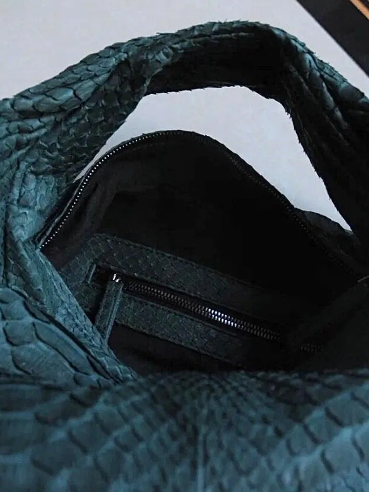 Medium Soft Hobo Classy Sport Woman Stitched Bag | Purse Genuine Python Skin | Dewi Green Big Elegant Leather Designer Soft Bag Snake |