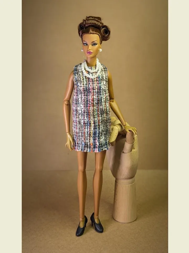 Handmade checked black & blue bouclé mini dress for 16-inch Fashion Royalty dolls (FR16)
