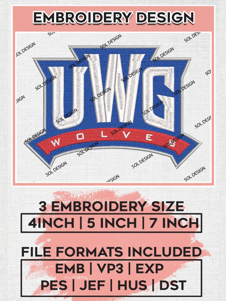 NCAA UWG Wolves Football Team Word Logo Embroidery Design Files, NCAA West Georgia Wolves Machine Embroidery, NCAA Teams, 3 sizes, NCAA Machine embroidery designs, Digital Download