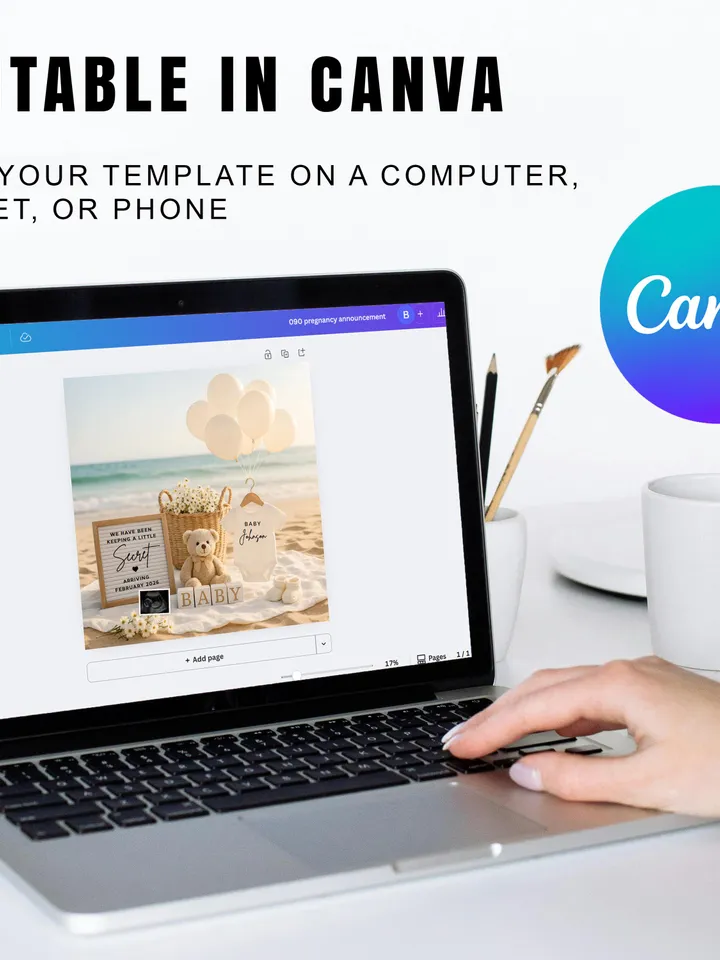 Summer Pregnancy Announcement Digital Baby Reveal for Social Media Editable Canva Template
