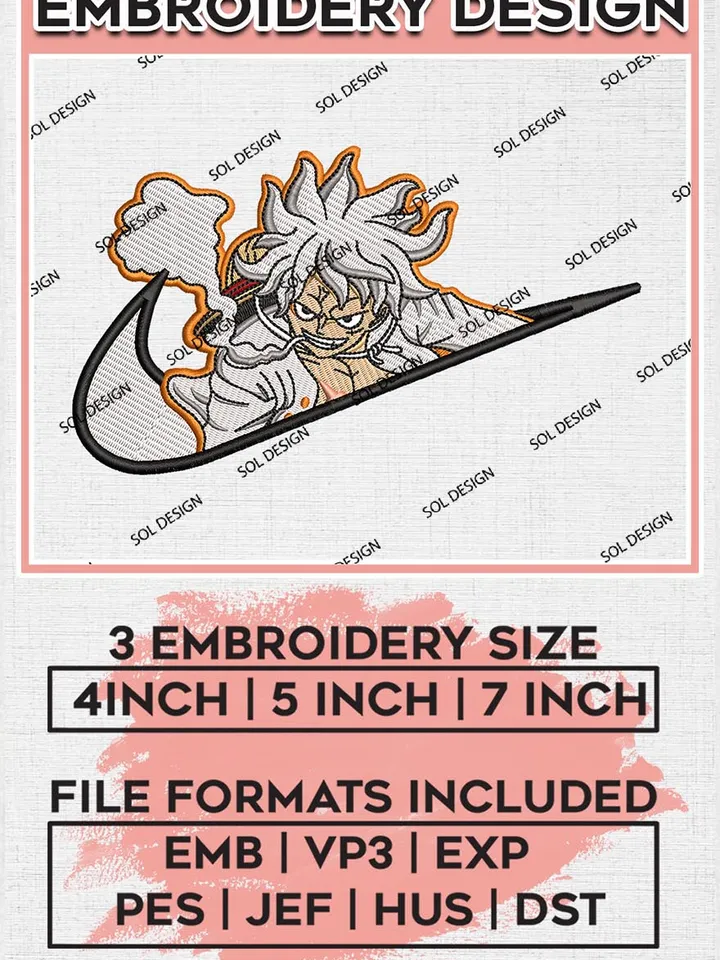 Nike LUFFY GEAR 5 Embroidery Design, Anime Character Embroidery Files, One Piece Machine Embroidery Digital Download EMB_ANIME_167