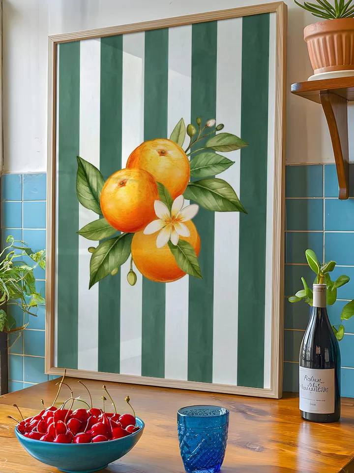 Orange Wall Decor, Orange Fruit Poster, Farmhouse Kitchen Art Painting, Kitchen Prints, Trendy Food Art, Retro Kitchen Art, Fruit Wall Decor