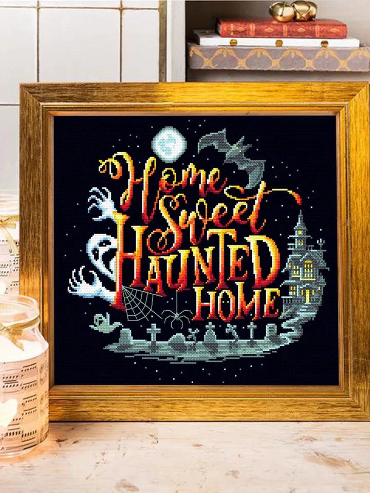 Halloween quotes cross stitch pattern download PDF, Horror cross stitch chart, Home sweet haunted home, Happy Halloween embroidery PDF #H37