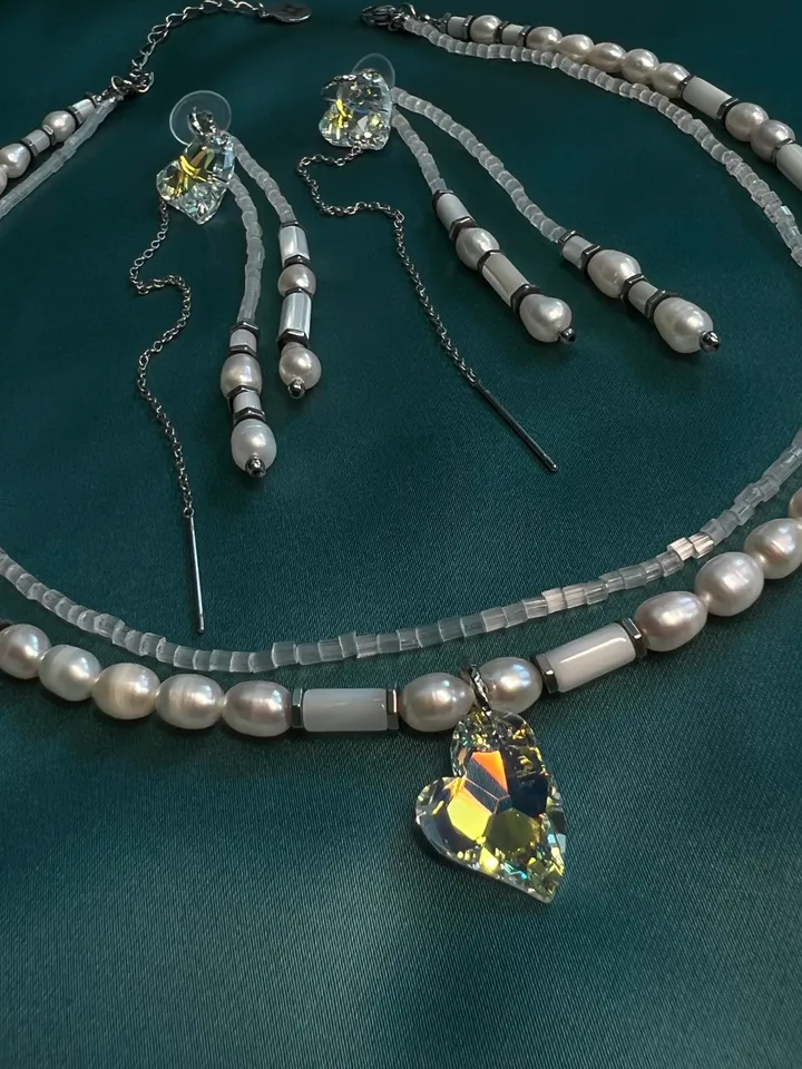 Natural Pearl Swarovski pendant Jewelry Set Necklace Earrings DIAMOND LOVE