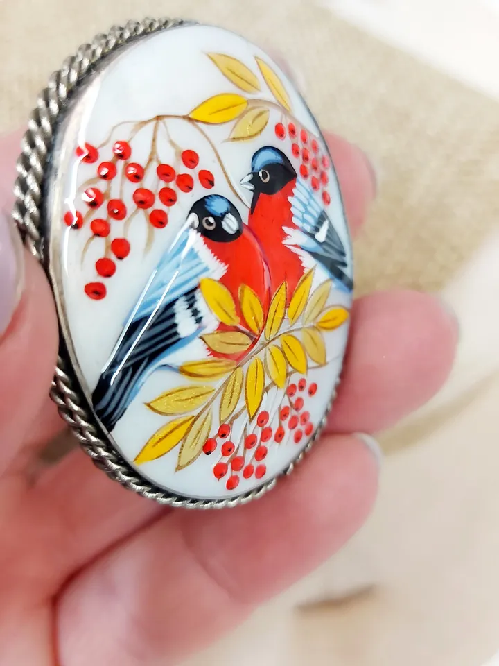Russian jewelry brooch: Bullfinches couple. Hand painted miniature. Russian fine art style Fedoskino on abalone shell. Gift art pin for her