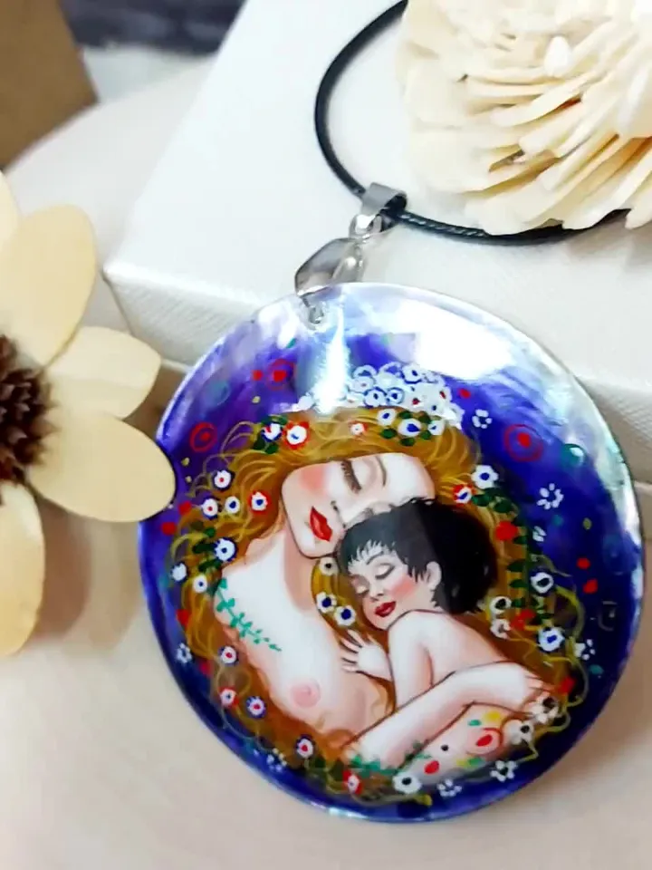 Pendant "Mother and child" Gustav Klimt Mother-of-pearl hand-painted Russian jewelry Summer jewelry fine art jewelry miniature painting