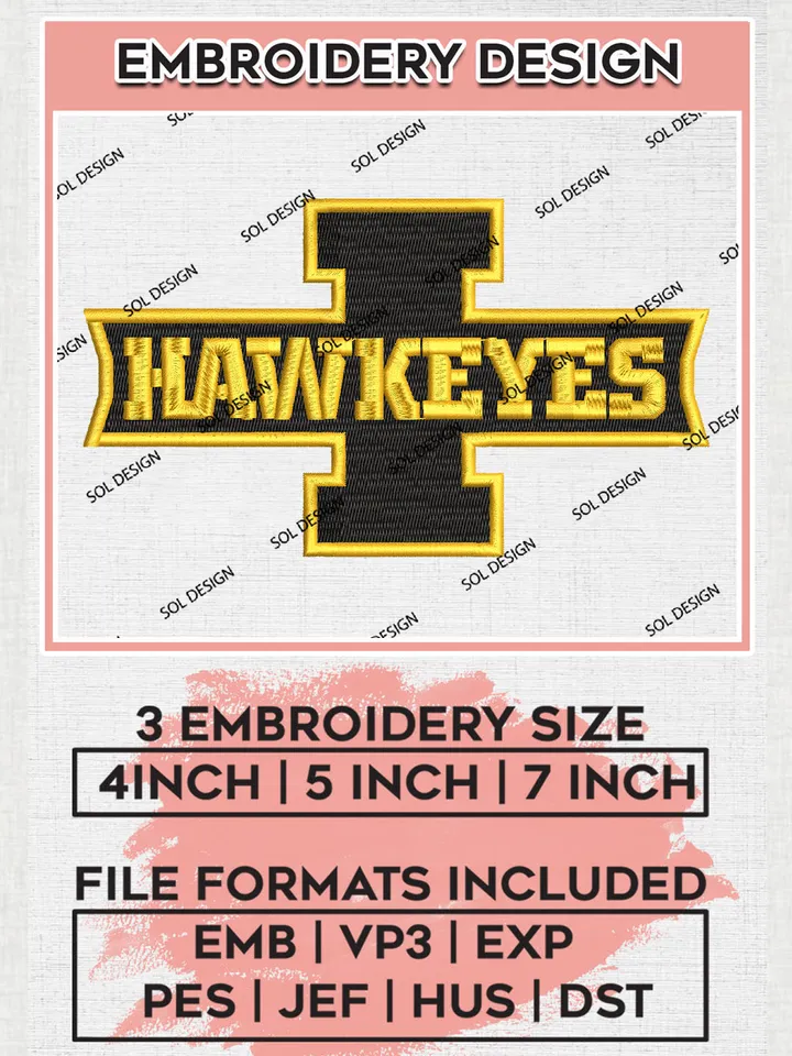 NCAA Hawkeyes College Team Logo Embroidery Design Files, NCAA Iowa Hawkeyes Machine Embroidery, NCAA Teams, 3 sizes, NCAA Machine embroidery designs, Digital Download