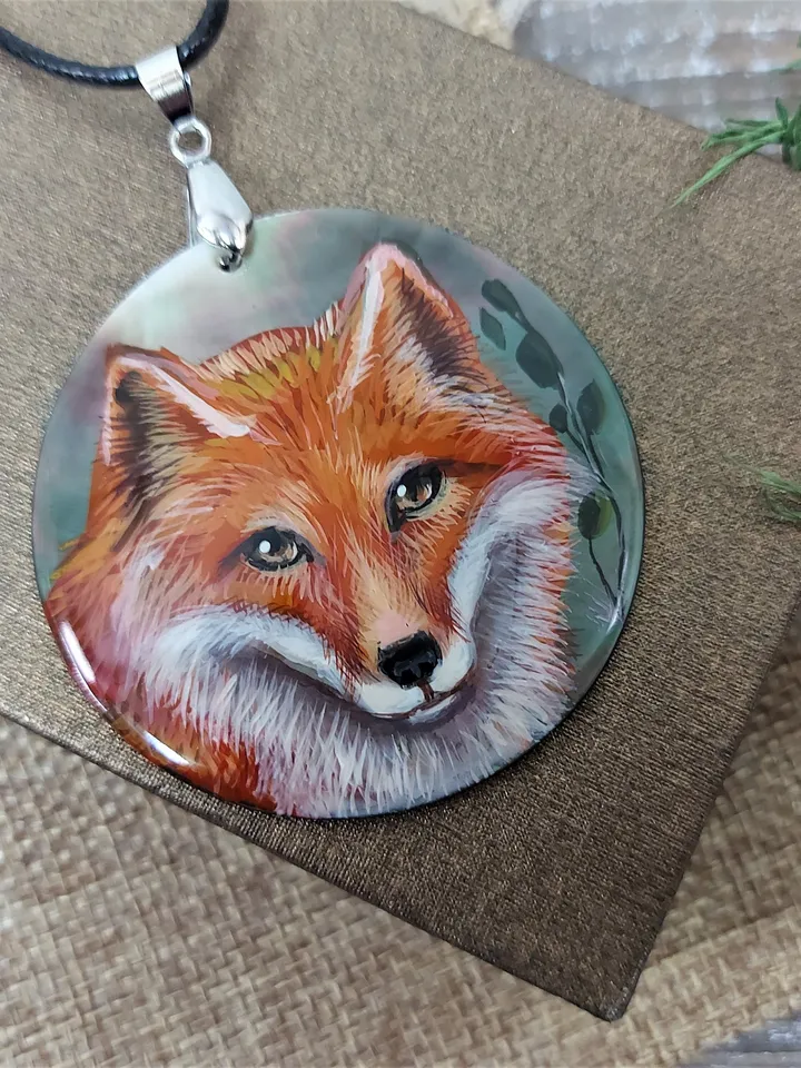Pearl pendant necklace: Wild Fox face on handmade jewelry. Graceful nature hand painted on lacquer shell pendant. Gorgeous gift for women