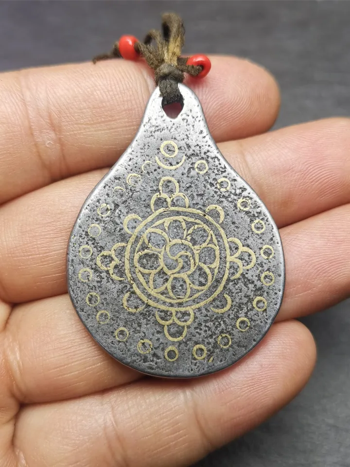 Gandhanra Handmade Tibetan Buddhism Amulet, Dharmachakra Symbol,Prayer Wheel of Dharma, Made of Cold Iron,1.85" × 1.42"