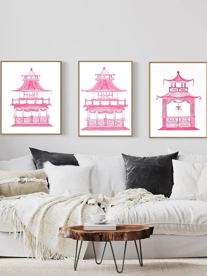Pink Pagoda Watercolor Painting Chinoiserie Asian Wall Art Poster Pagoda Print Set Of 3 Watercolor Painting Chinoiserie Painting Art Print