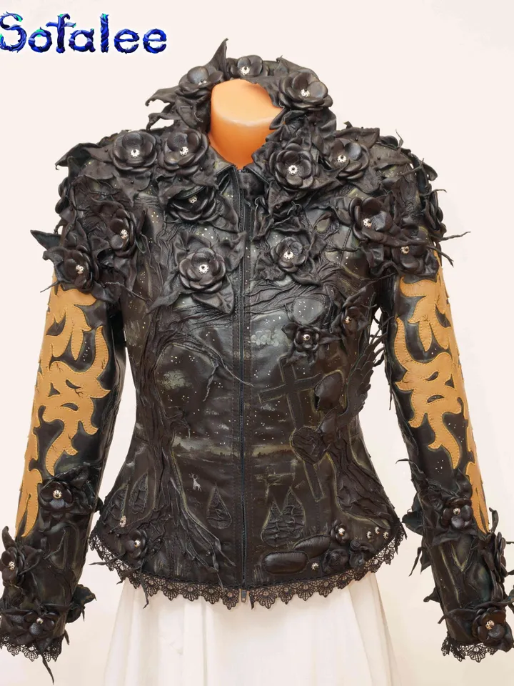 The luxury 3D floral women's Jacket of black genuine leather with beige application,Handmade aristocratic style clothing