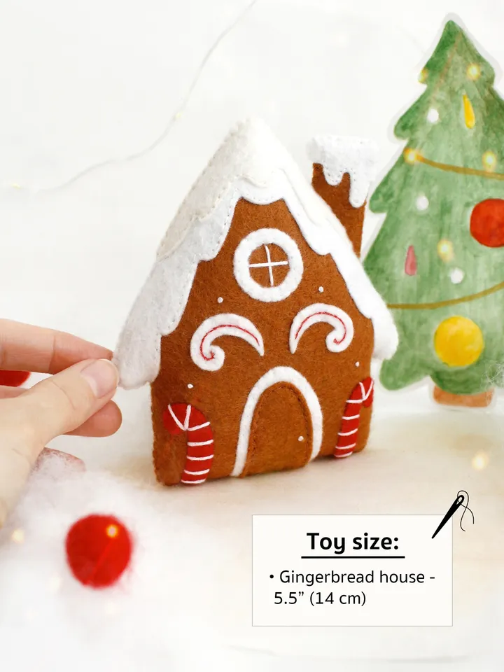 Felt gingerbread house hand sewing PDF tutorial with patterns. Christmas tree ornament. Soft toy pattern