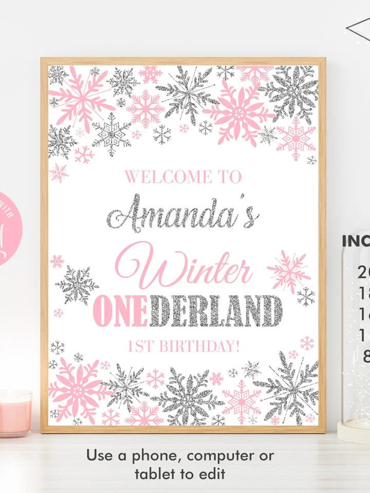 Winter Onederland Welcome Sign Pink Silver Winter Onederland 1st Birthday Girl Decorations, Snowflake Birthday Sign, Editable Template