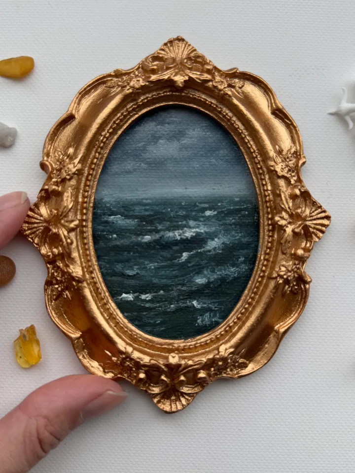 Ocean Landscape Oil Painting Original In Vintage Style Frame Small Framed Oval Painting Art Renaissance Antique Seascape Painting