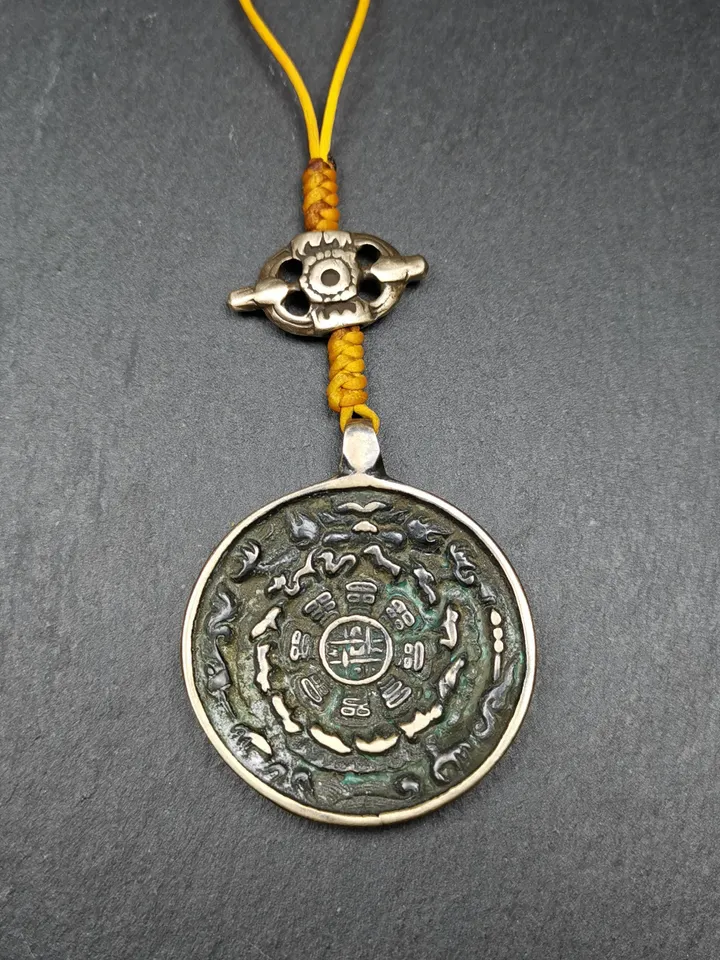 Gandhanra Vintage Tibetan Buddhist Amulet Sipaho Badge - Lima Brass Melong Mirror Calendar Protective Feng Shui Pendant,45mm