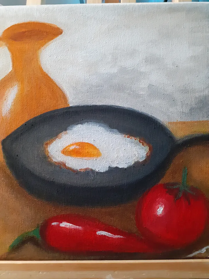 Oil Painting Morning Still Life with Scrambled Eggs Food Kitchen Art Stretched Canvas 20x25 cm 8x10 inches Wall Decor Occasion Gift