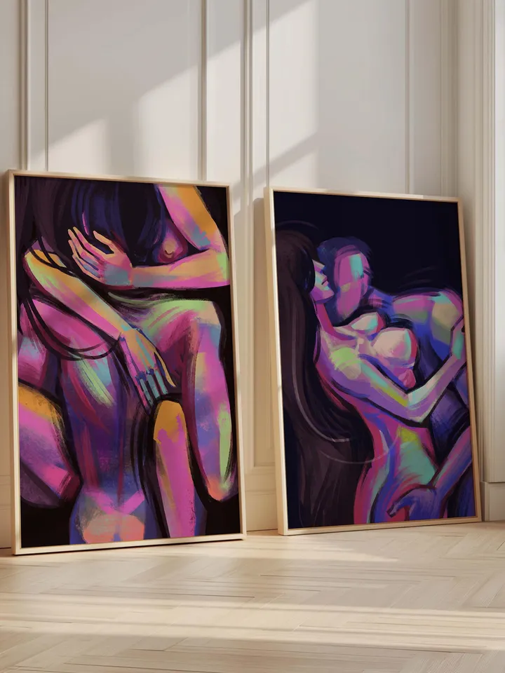 Colorful Abstract Couple Art, Intimacy Art, Modern Wall Decor, Vibrant Love Art, Home Office Decor, Digital Download Poster, Set of 3 Art