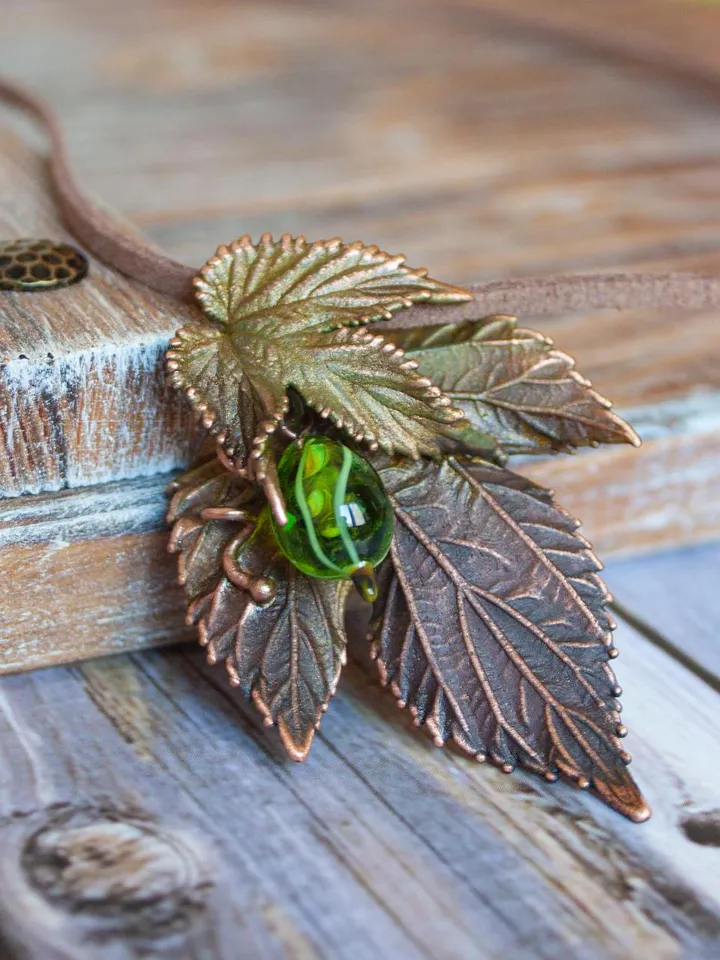 Unique handmade copper pendant made of nature leaves in a single copy, original gift