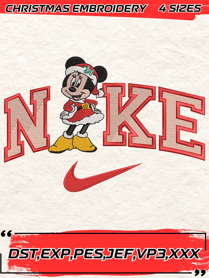 Swoosh Minnie Mouse Christmas Embroidery Design,Christmas Embroidery Design,4 Sizes,Digital Download