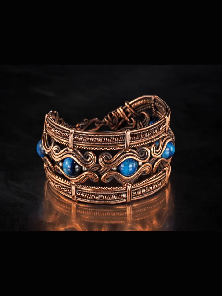 Copper wire bracelet with natural falcon eye, 7th Wedding Anniversary gift