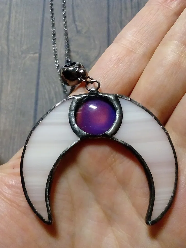 Stained glass moon, Mood stone crescent, Moon phase necklace, Stainglass crescent, Full moon