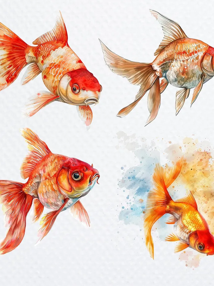 12 Goldfish PNG Clipart Bundle, Golden fish Clipart, Printable Watercolor Sublimation clipart, Digital download, Paper craft, junk journals