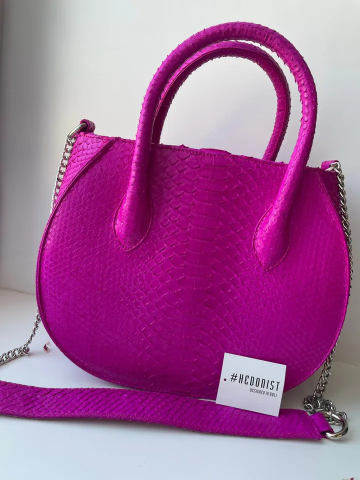 Genuine python skin top handle fuchsia bag | handmade designer bags | exotic leather bags | summer classy elegant bright colour leatherbag |