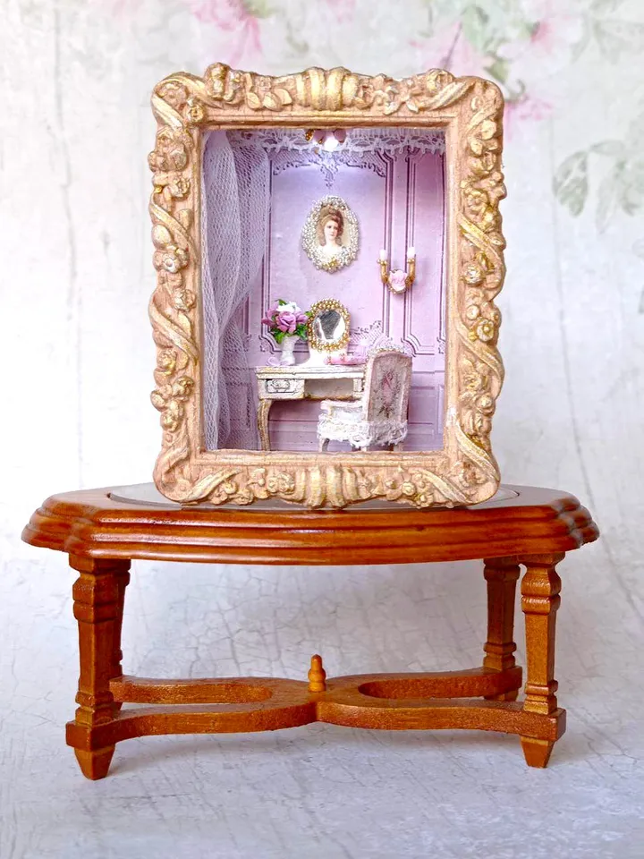 Miniature pink Boudoir, 1/48 scale miniature dollhouse with furniture and accessories