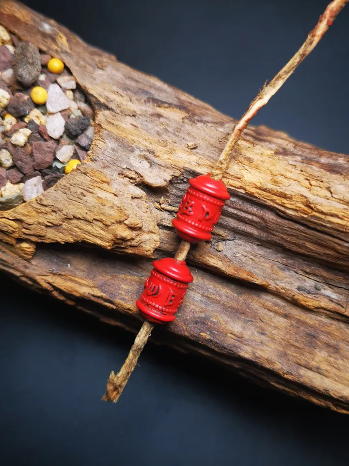 Gandhanra Handmade Antique Tibetan Amulet,Mini Prayer Wheel Bead Pendant for Mala,Made of Cinnabar