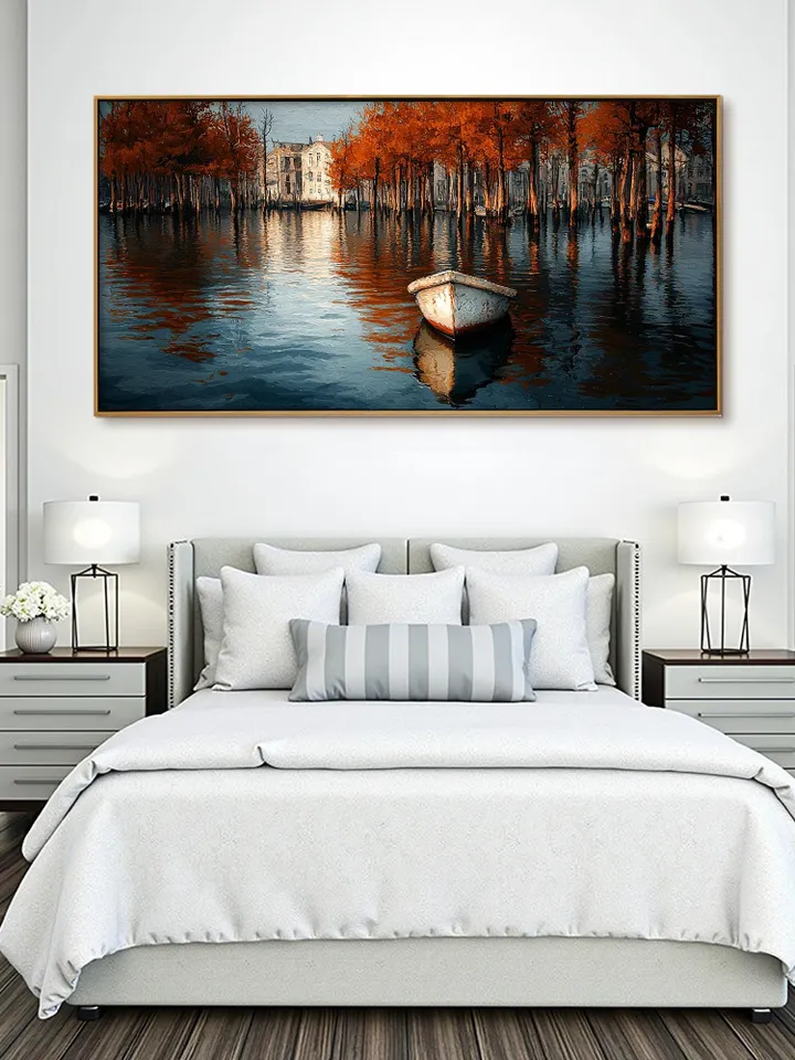 Canal Oil Painting, Autumn Scene Large Wall Art, Boat Painting, Fall Colors Artwork, Cityscape Art, Original Painting, Water Reflection Art
