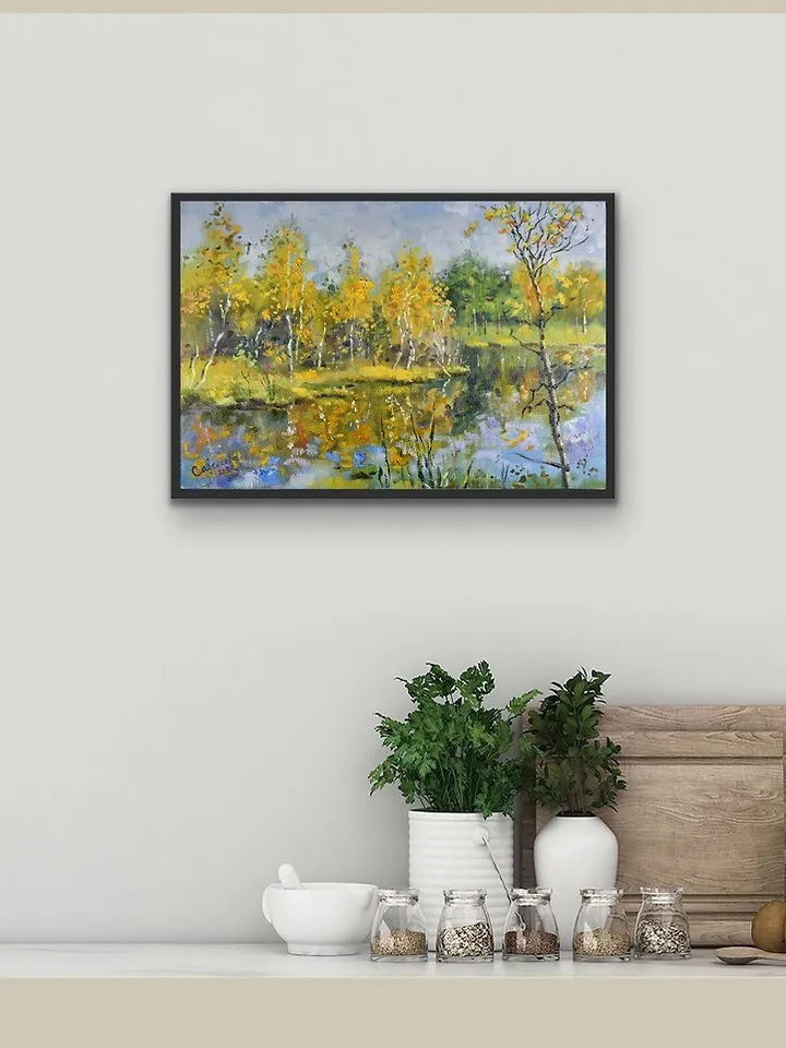 Autumn Walks Painting Lake Birch Landscape Original Art Nature Forest Art