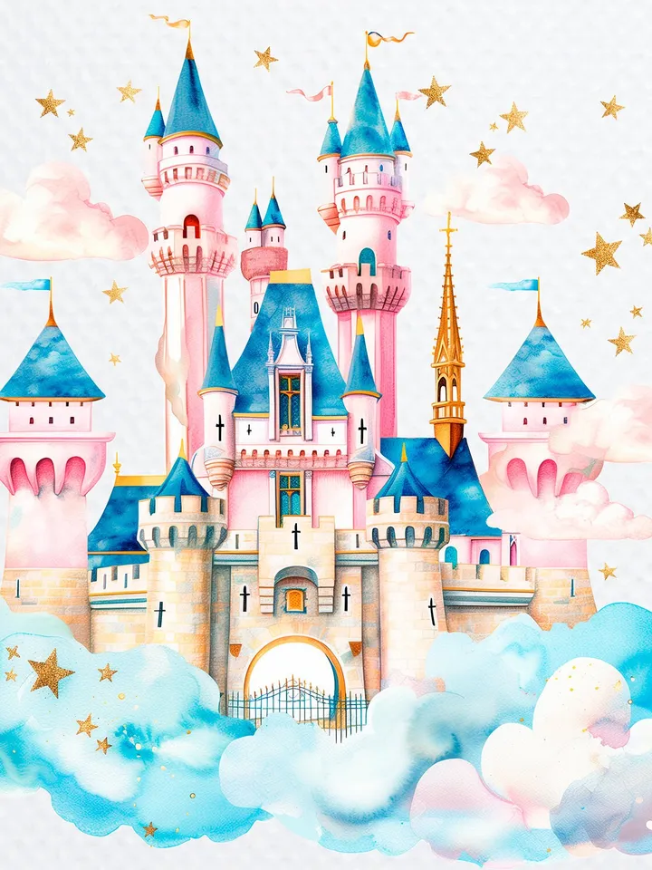 12 Princess Castle PNG Clipart, Watercolor Princess Castle In the clouds and stars for sublimation, Castle   Paper craft, Junk Journals