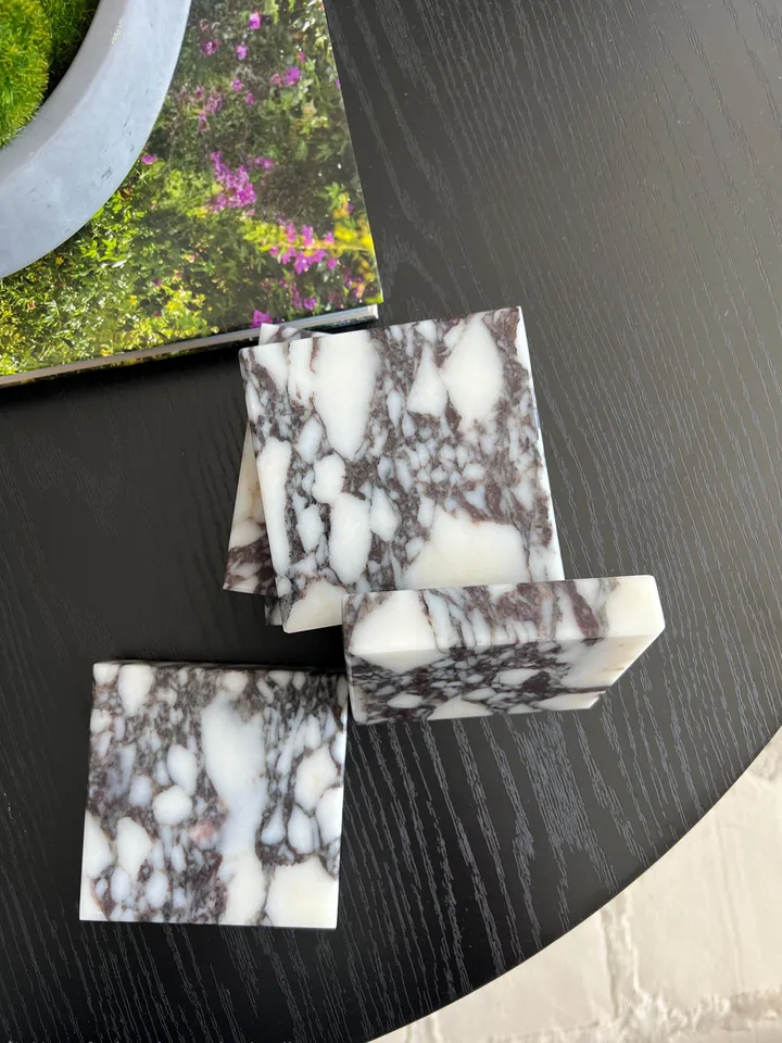 Calacatta Viola set of 2-4-6 SQUARE coasters, italian marble 100% Handmade İtalian Model