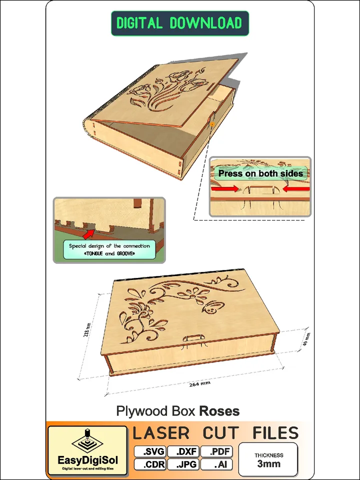 Wooden Gift Box Roses Digital Template for Laser Cutting Crafting