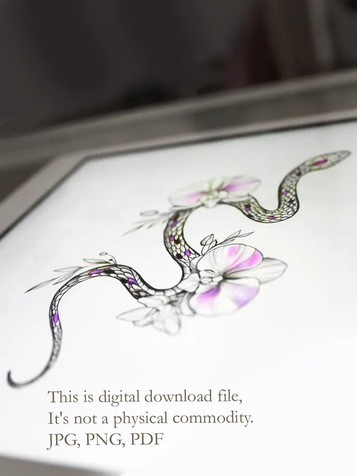Snake Tattoo Sketch Snake Tattoo Design Drawing Snake And Flower Tattoo Idea, Instant download PDF, JPG, PNG