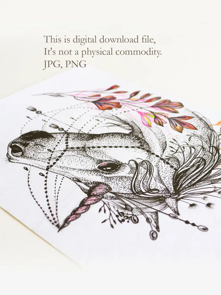 Unicorn Tattoo Sketch Unicorn Tattoo Design Unicorn Flowers Design for Woman, Instant download PNG and JPG files