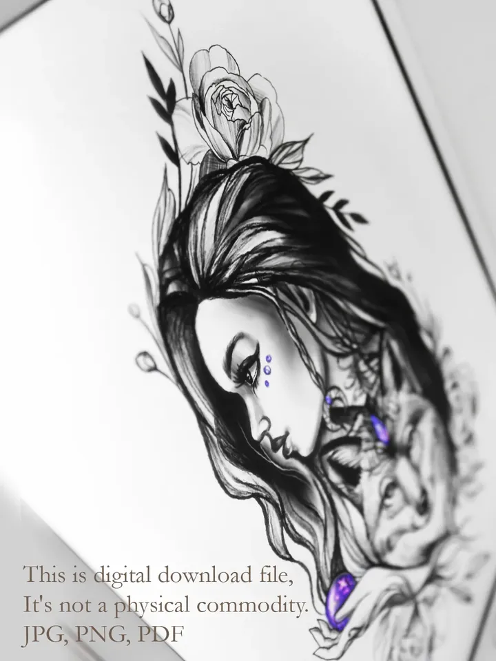 Wolf And Girl Tattoo Design Wolf Tattoo Design Woman Portrait Tattoo Sketch, Instant download JPG, PDF, PNG