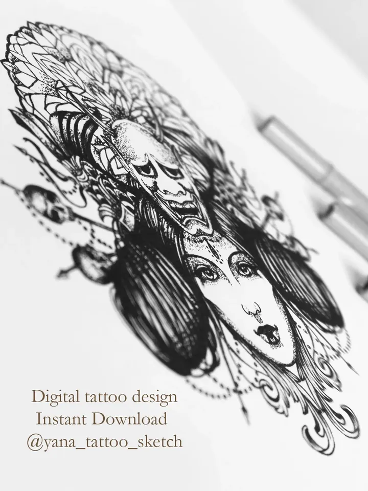Lady Samurai Tattoo Design Japanese Geisha Samurai Tattoo Sketch Samurai Girl Tattoo Idea, Instant download JPG, PNG