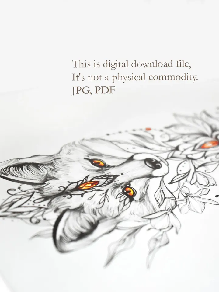 Fox Tattoo Sketch for Females Fox Tattoo Design for Woman Lotus Ornamental Tattoo Sketch, Instant download PDF and JPG