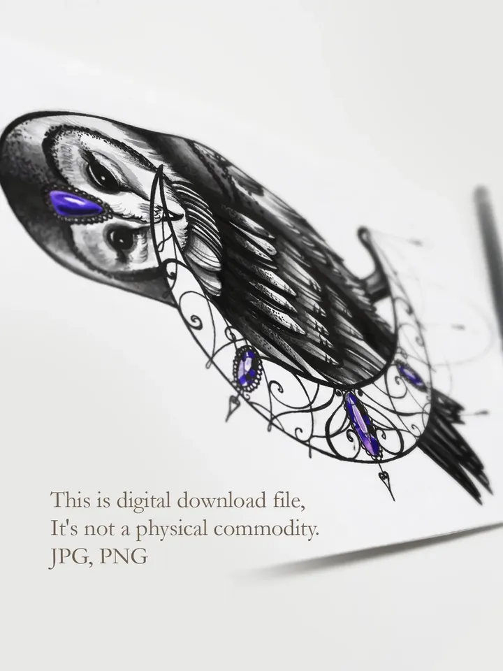 Owl Tattoo Designs Owl Tattoo Sketch Owl And Moon Tattoo Ideas, Instant download JPG, PNG