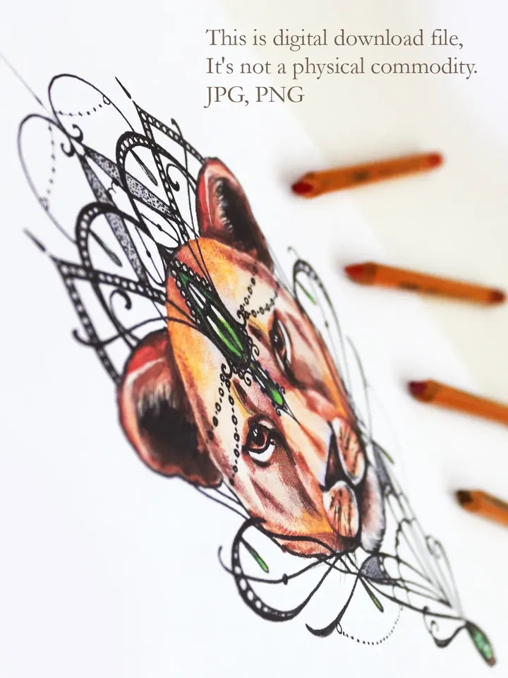 Lioness Tattoo Designs Female Lioness Tattoo Sketch Lioness And Ornament Idea, Instant download JPG, PNG