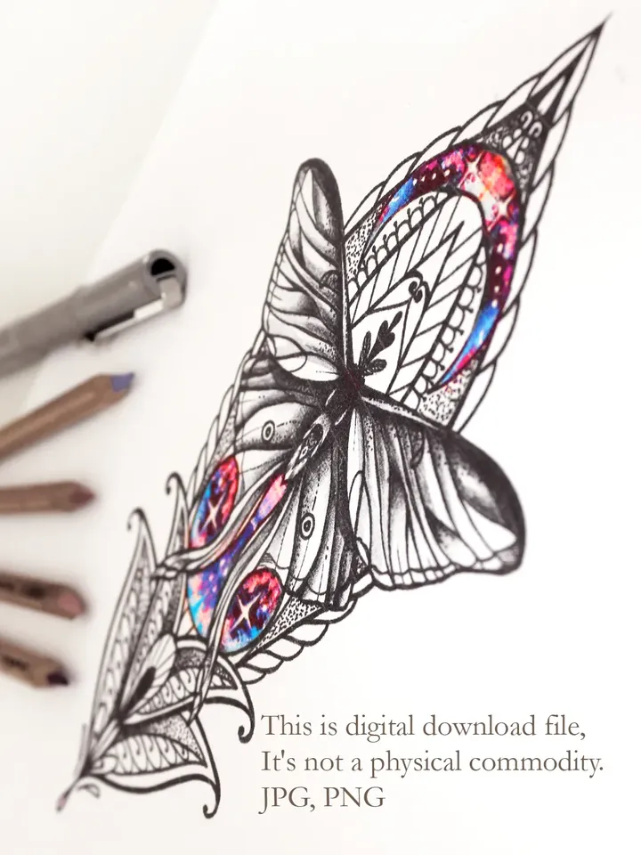 Butterfly Tattoo Design Luna Moth Tattoo Design Butterfly And Moon Tattoo Sketch, Instant download JPG, PNG