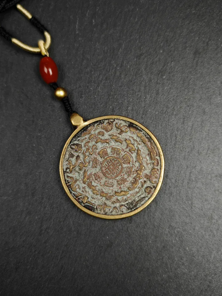 Gandhanra Vintage Tibetan Buddhist Calendar Amulet Sipaho Badge - Lima Brass Melong Mirror Protective Charm Feng Shui Pendant,44mm