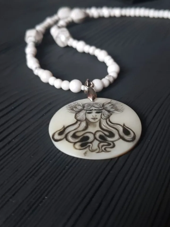 Witch craft necklace with miniature painting. Mermaid, valkyrie on pearl pendant