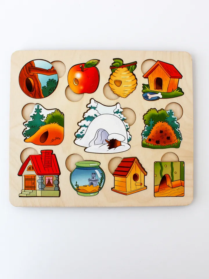 Wooden Puzzle - animals and houses, Montessori toddler toy, jigsaw board