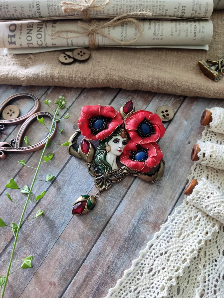 Virgin with Poppies, poppy brooch, red poppies, red flowers,poppy jewelry
