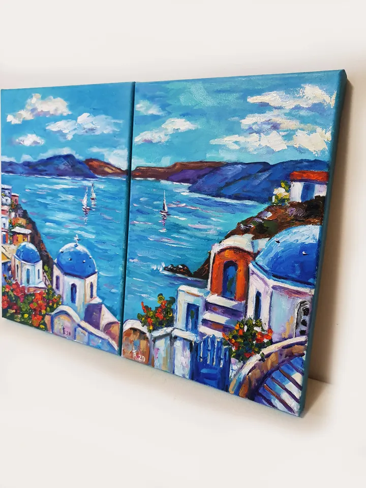 Santorini sailboats at sea oil painting diptych
